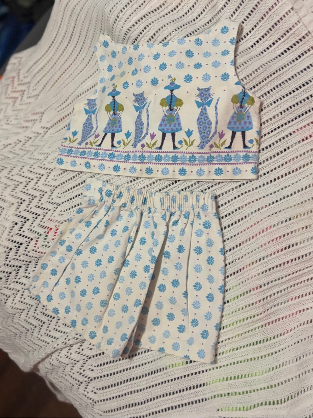 VTG 2 Piece Girls Matching Skirt Set Cotton Blend Woven Handmade Cat Boutique